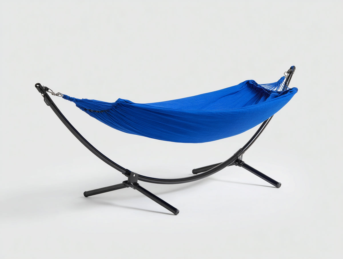 Hamaca con soporte-acero curvado y lona-300×120×116 cm-azul/negro-Terraza-bastidor arqueado de apoyo ancho