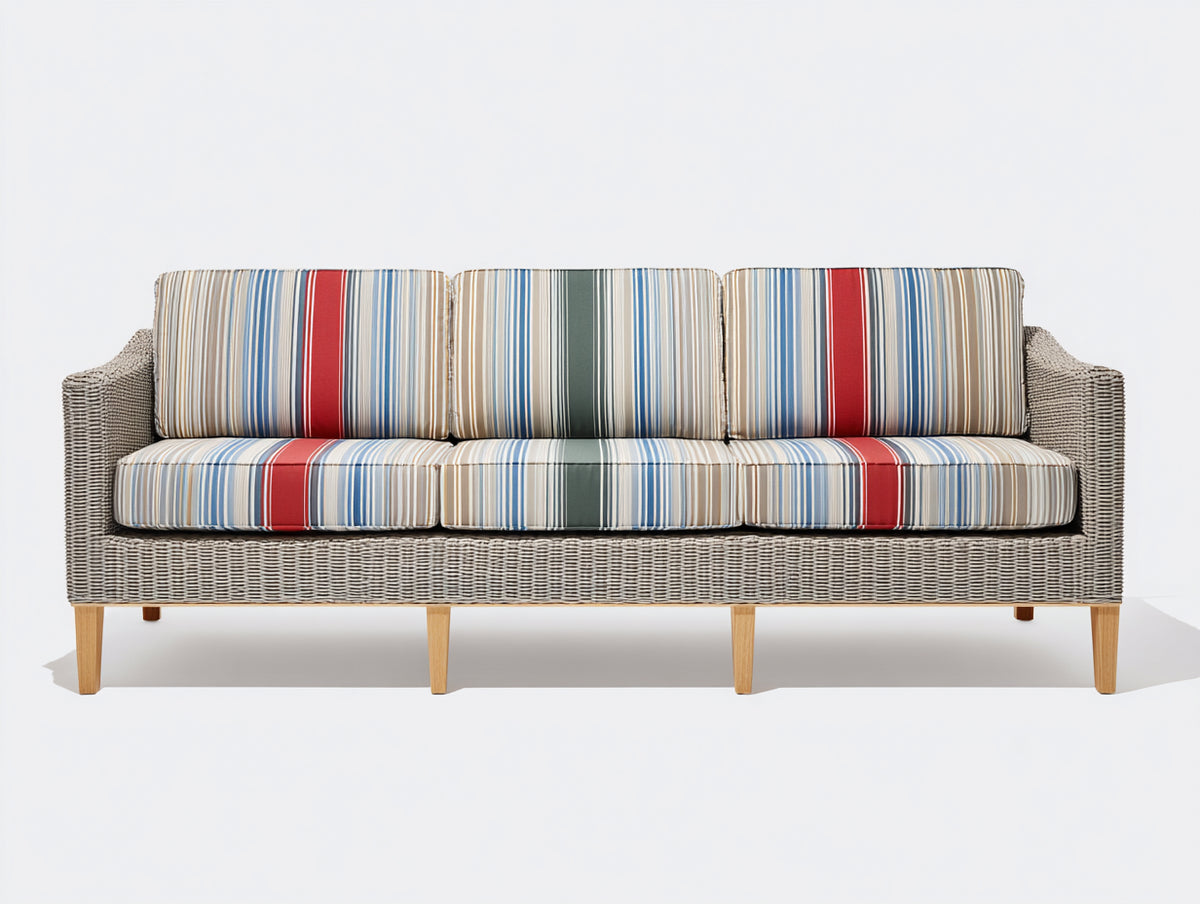 Sofá de exterior-ratán sintético y tejido-225×88×80 cm-gris/beige-Terraza-tres plazas con acabado a rayas