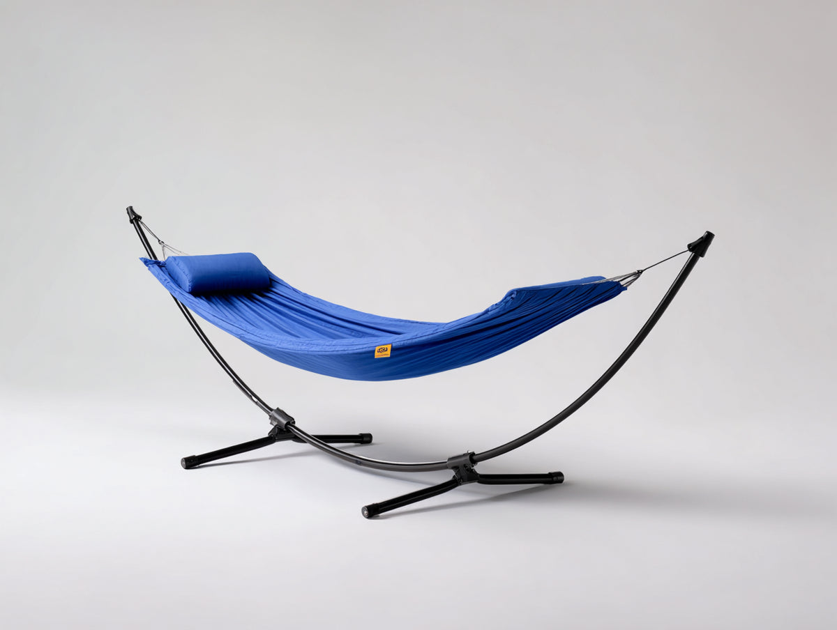 Hamaca con soporte de acero 302×111×118 cm – azul real/negro – para terraza con base de cuatro brazos