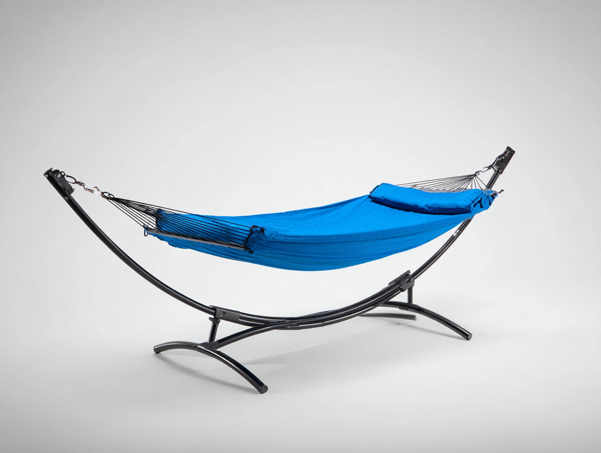 Hamaca con soporte metálico 296×109×119 cm – azul intenso/negro – para terraza con bastidor curvo compacto