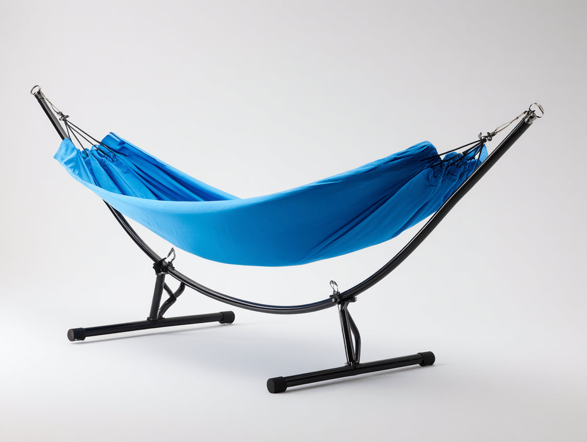 Hamaca con soporte de tejido y metal 300×110×110 cm - azul y negro - estructura curva para terraza